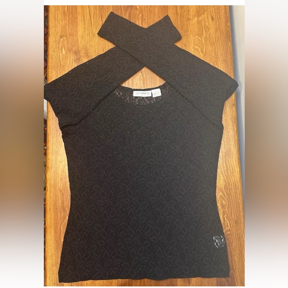 Liz Claiborne Collection Black Lace Top Size M Long Sleeve Women Made In USA